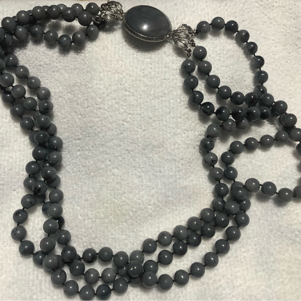 Vintage Gray Multi-Strand Beaded Necklace with Gray Center Stone
